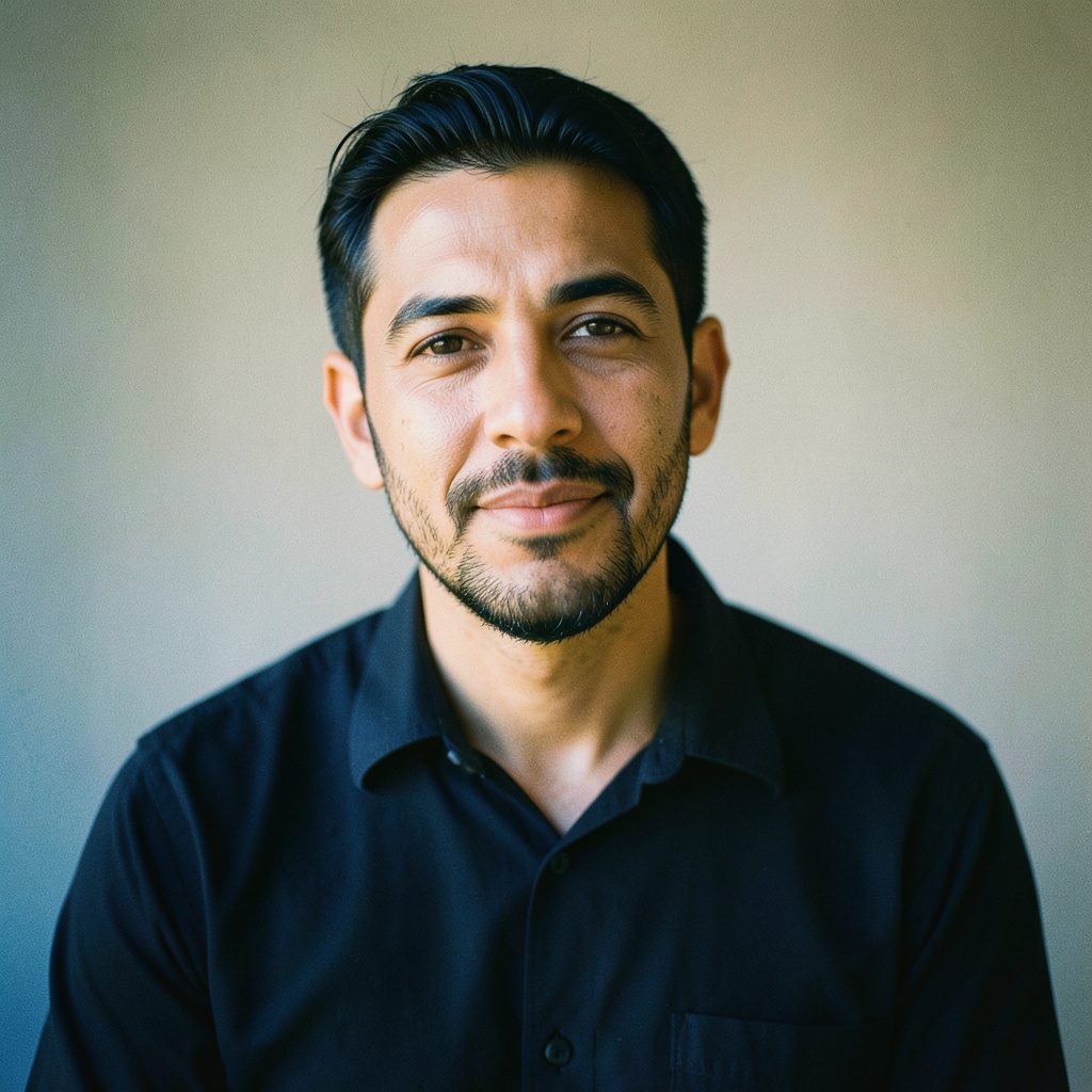 Portrait of a man in a dark shirt against a neutral background, warm natural lighting, relaxed expression