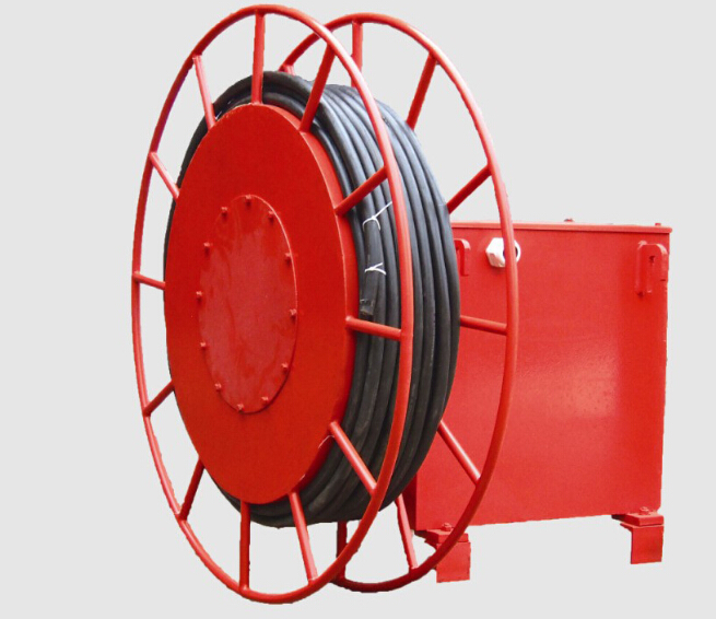 Red cable reel with coiled black hose mounted on a metal frame, clean studio product presentation on gray background